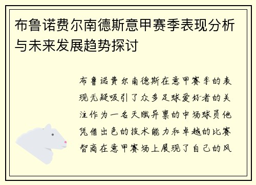布鲁诺费尔南德斯意甲赛季表现分析与未来发展趋势探讨
